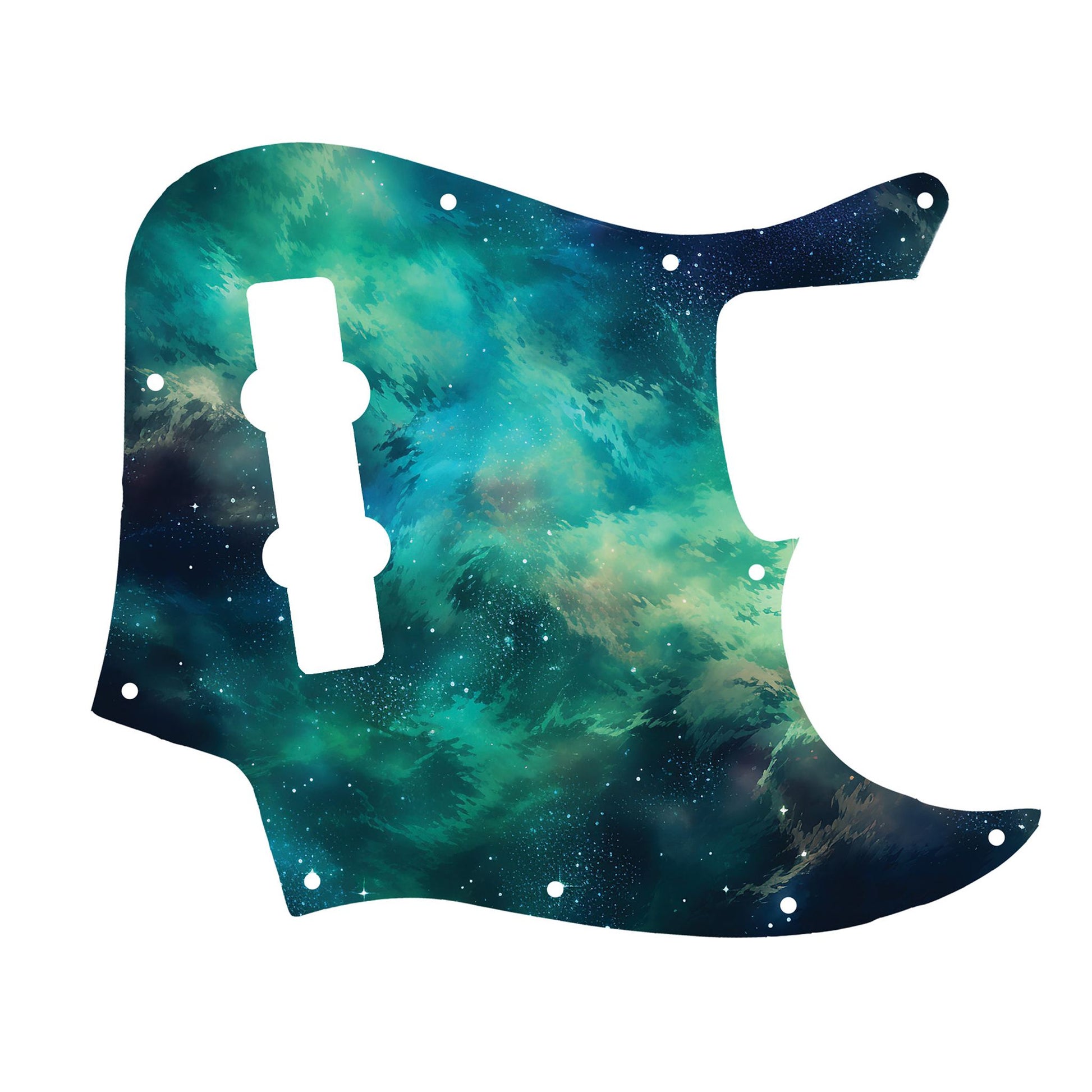 Egyedi Fender Jazz Bass gitár koptató élénk zöldes-kék galaxis mintázattal, kavargó ködfelhőkkel és szórtan ragyogó csillagokkal